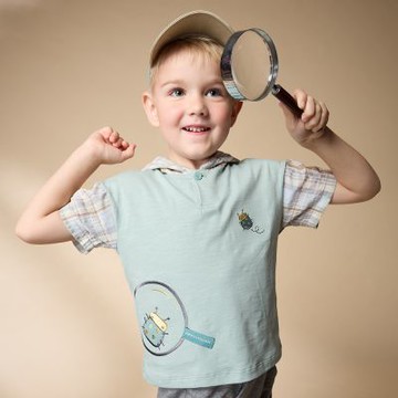 PIPPY俏皮瓢蟲剪接清爽格紋連帽天絲棉短袖上衣 綠-120