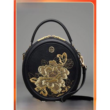 Pmsix高級感民族風刺繡小圓包真皮時尚百搭單肩斜挎手提旗袍包女