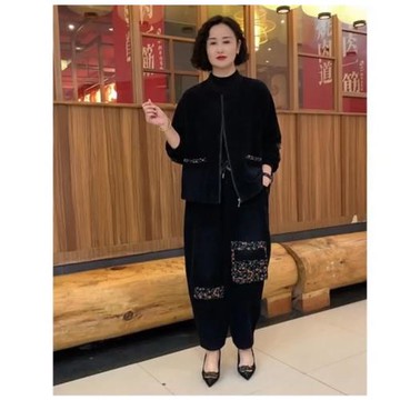 媽媽裝燈芯絨拼色套裝2025秋冬新款時尚中老年洋氣大碼顯瘦兩件套