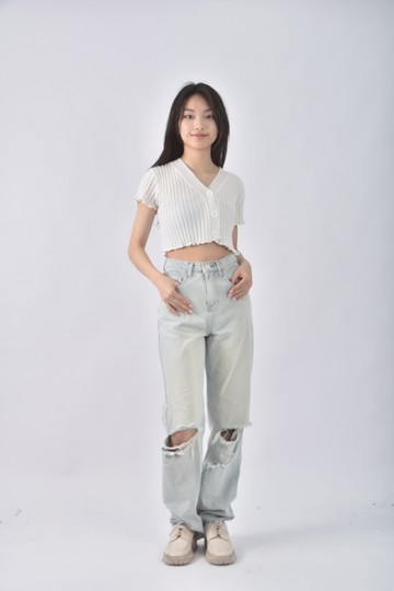(Ｓ) 【里唯私服】jqu高腰丹寧牛仔刷破藍色長褲