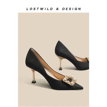 LOSTWILD黑色高跟鞋女2024秋冬新款法式氣質水鉆方扣尖頭伴娘單鞋