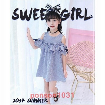 オフショルダーワンピース韓国子供服ストライプ柄リボン付半袖肩だし韓国子ども服春夏女の子キッズ用