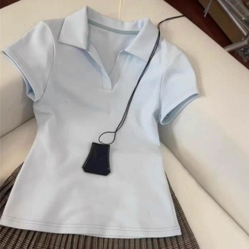 8593 位回頭粉絲🙂韓系白色POLO領正肩短袖t恤女夏季2026新款修身顯瘦收腰短款上衣A27L