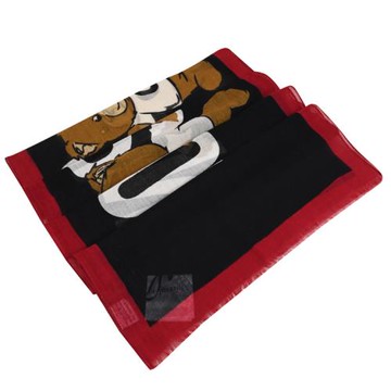 MOSCHINO 53317 M5785 泰迪熊插畫LOGO羊毛薄圍巾.黑/紅邊