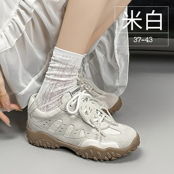 小中大尺碼女鞋260406【DZ1260-3】真皮蕾絲拼接珍珠鞋帶老爹鞋 / 隱形內增高 37-43(預購)米色