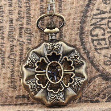 中國風復古鏤空窗花菱形花彩鉆青花瓷機械懷表掛表鍊表翻蓋透底【林之舍】