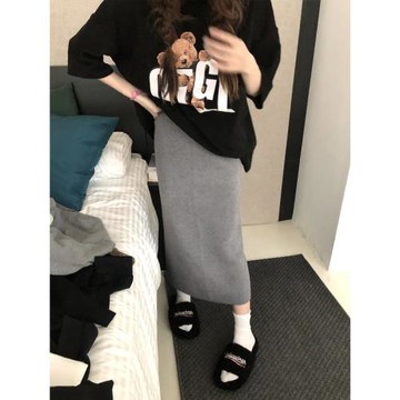 灰色軟糯針織半身裙女秋冬百搭高腰顯瘦中長款后開叉直筒a字裙子