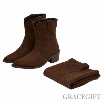 【Grace Gift】超模尖頭絨布2way可拆式褲管西部長靴 咖