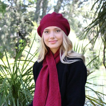 桃紅色織紋保暖貝蕾帽紐西蘭貂毛羊毛帽