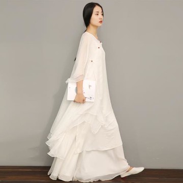 青央中國風白色禪意禪修禪舞服女漢服文藝寬松中長款連衣裙兩件套
