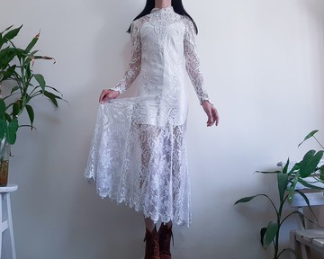 復古 1980 年代 1920 年代象牙白色蕾絲婚紗透視裝