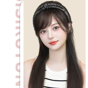 【梨花HaNA】視覺小臉神器｜法式斜瀏海一體式亮片髮箍瀏海假髮 真人髮絲（自然銜接不顯假）