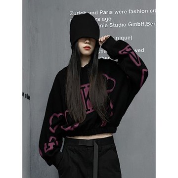 多福貓原創潮牌春裝黑色設計感休閑短款衛衣2025年新款上衣寬松