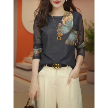 高端大碼網紗t恤女長袖2025秋新款時尚洋氣打底小衫高級顯瘦上衣