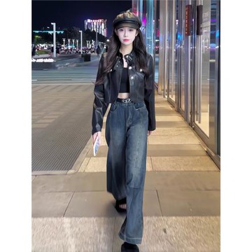 美式復古高級感黑色短款皮衣外套女秋冬新款小個子百搭夾克機車服