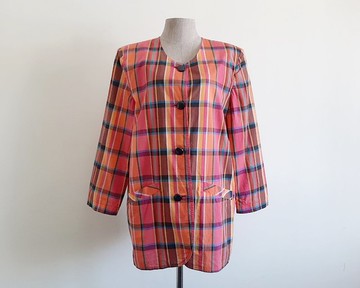 復古橘粉格紋外套 女款 彩色純棉 無領西裝外套 L