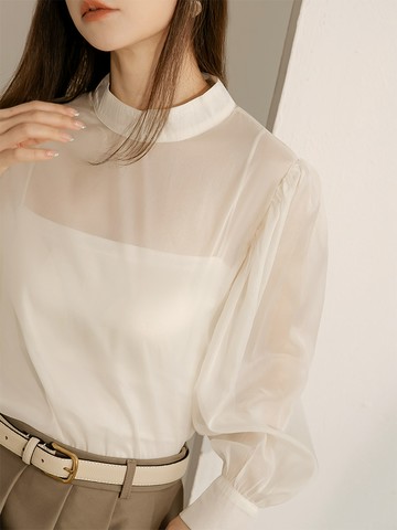透明感立領澎袖上衣