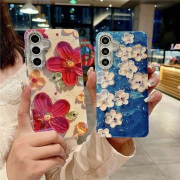 ins水彩油畫花朵適用三星a56手機殼a53/a54/a55硅膠a35/a36防摔保護套a34鑲鉆女款a17/note20ultra時尚a07