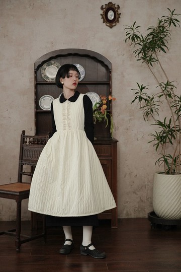 米白色 暖冬少女夾棉洋裝裙 冬季寬鬆小個子連衣裙 中長款