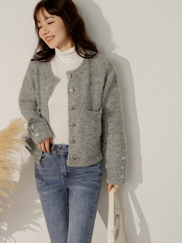 花紗針織金屬釦圓領長袖外套