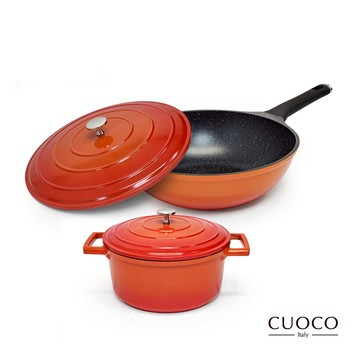 【CUOCO】鑄釜漸層橘雙鍋4件組(30炒+24湯+30蓋+24蓋)