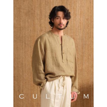 【100%重磅法國亞麻】CULTUM無領半開襟長袖襯衫男士休閑復古襯衣