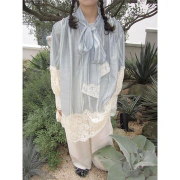 3months 2025秋裝新款中長款氣質甜美重工蕾絲拼接襯衫系帶上衣女