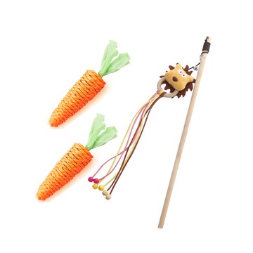 寵物愛家 木柄逗貓棒毛絨動物造型木環流蘇外加小蘿蔔互動玩樂寵物用品3入組