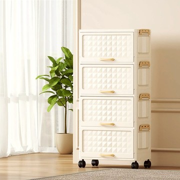 50面寬格紋前開上掀式摺疊4層收納櫃-附輪 024517 4層-奶白色面板