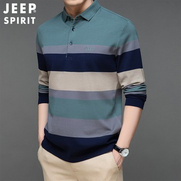 免運 JEEP SPIRIT男士春秋季新品長袖POLO衫中青年款秋衣翻領條紋T恤衫-快速出貨