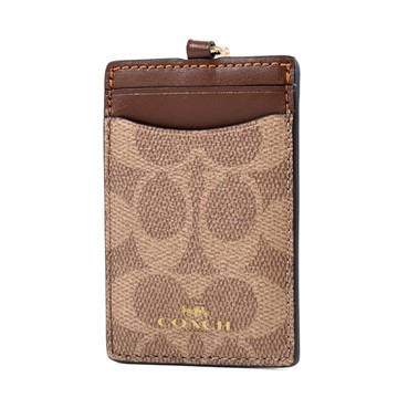 COACH 緹花LOGO防刮皮革識別證掛帶票卡夾-棕褐