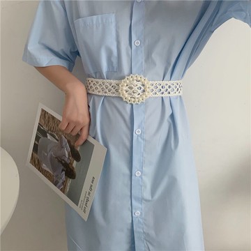 珍珠鑲嵌圓扣編織鏤空無孔腰帶女氣質韓版配連衣裙子腰封百搭時尚
