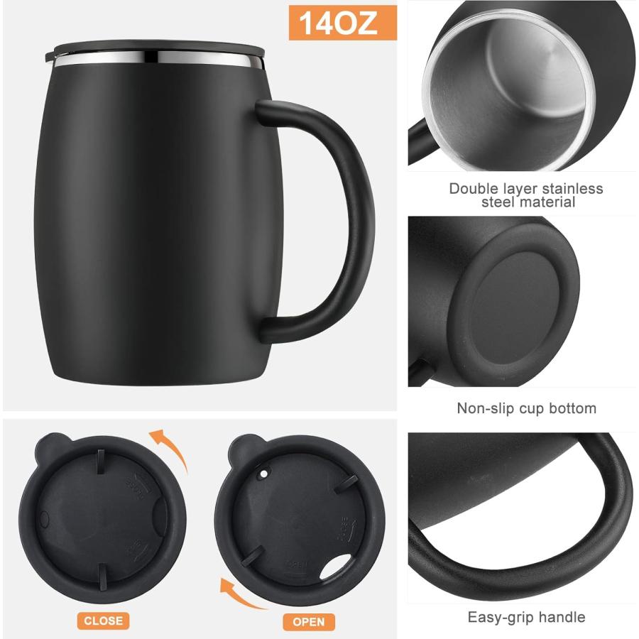 14 oz Insulated Stainless Steel Coffee Mug Spillproof with Lid Double Wall Travel Coffee Mug with Handle Shatterproof Metal Coffee Cups for Camping
