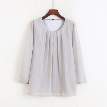 圓領收褶暗花紋雪紡衫春季新款寬松休閑長袖打底衫女上衣F/6-3