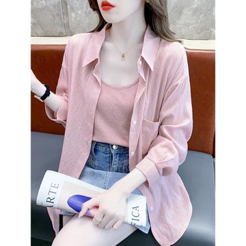 (免運)防曬衣女冰絲開衫襯衣夏季薄款肌理感配背心吊帶雪紡罩衫外穿上衣