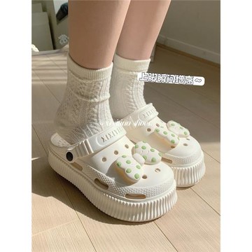 細細條 學生外穿仙女風蝴蝶結兩穿沙灘鞋女防滑松糕厚底洞洞鞋夏