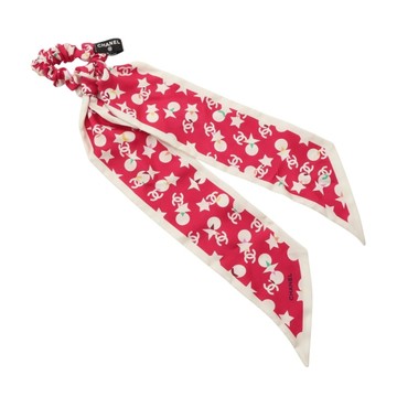CHANEL 香奈兒 粉色 絲綢 絲巾 CC Logo Star Dot Silk Scarf Scrunchie 髮圈 【二手名牌BRAND OFF】