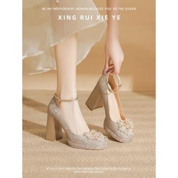 絕美婚鞋新娘鞋禾秀婚紗兩穿防水臺粗跟不累腳小個子訂婚高跟鞋女
