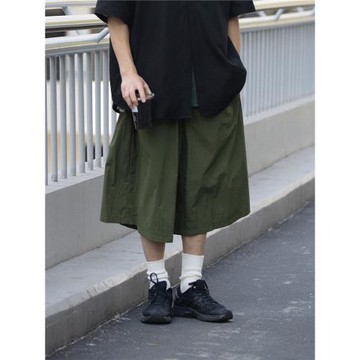 NOEARS軍綠色七分褲夏季日系復古痞帥工裝闊腿褲薄款武士褲速干