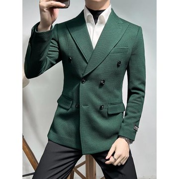 厚款華夫格雙排扣西裝外套男高品質上班商務百搭時尚修身休閑西服