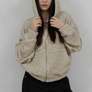 軟糯條紋-舒適連帽外套上衣-米白