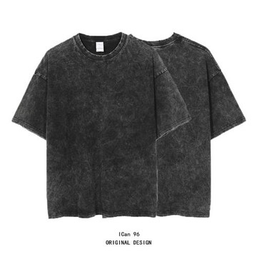 ICan 歐美潮牌純色炒花復古黑色美式街頭做舊水洗寬松短袖T恤男女