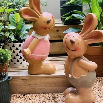 花園可愛卡通微笑兔子樹脂擺件 庭院花園陽臺裝飾 戶外別墅園林造景 擺飾 露臺# c886t