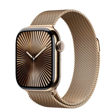 Apple Watch Series 10 (GPS + 行動網路)；42 公釐金色鈦金屬錶殼；金色米蘭式錶環