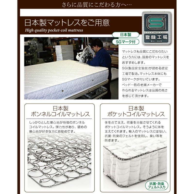 フラップ棚・照明・コンセントつき多機能ベッド 国産ポケットコイル