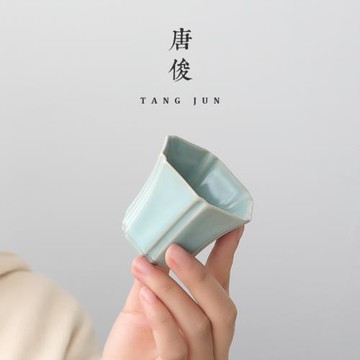 汝窯六方杯陶瓷開片品茗杯汝瓷可養日式家用茶具小號50ml