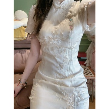 【❤️桃喜Rich女裝】旗袍系列 新中式高級刺繡 改良旗袍裙 夏季新款 泡泡袖洋裝 禮裙 國風重工收腰 開衩連衣裙