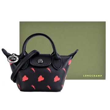 LONGCHAMP X EU王者聯名LE PLIAGE CUIR系列小羊皮斜背包（超迷你/黑） _廠商直送