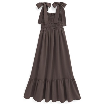 日本 GRL - 肩蝴蝶結甜美皺褶細肩帶洋裝-深棕 (F)