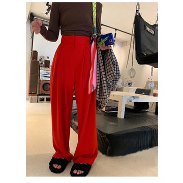 設計感小眾高級感垂感顯瘦質感直筒寬松高腰紅色拖地闊腿西裝褲女